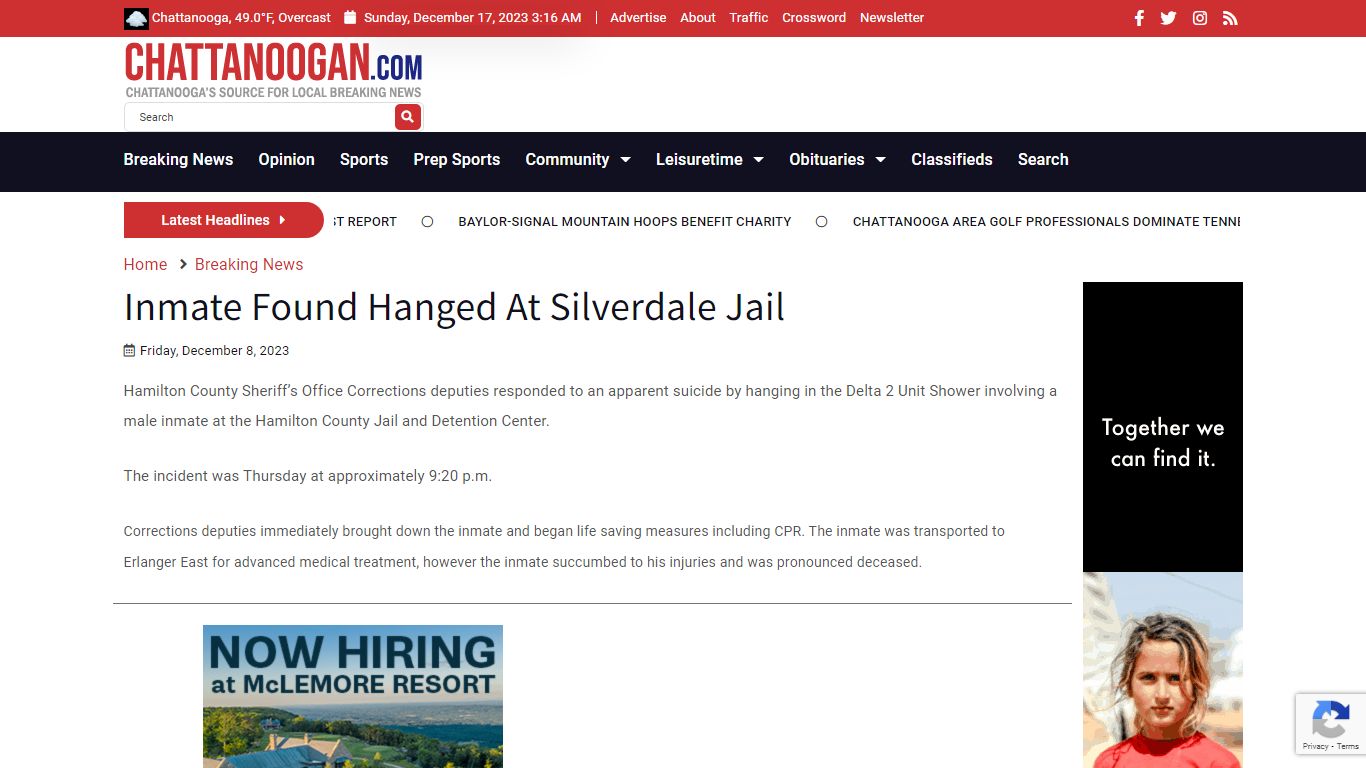 Inmate Found Hanged At Silverdale Jail - Chattanoogan.com